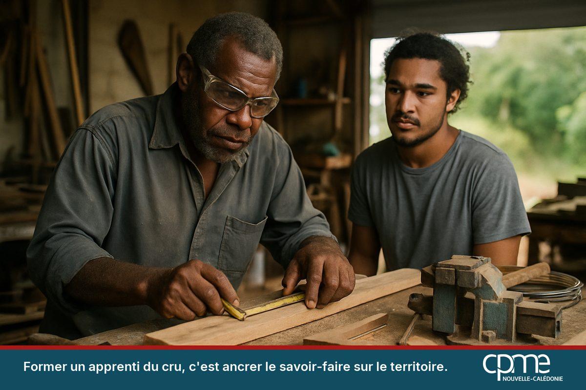 Photo documentaire d'un artisan kanak formant un apprenti dans son atelier de menuiserie en province Nord.