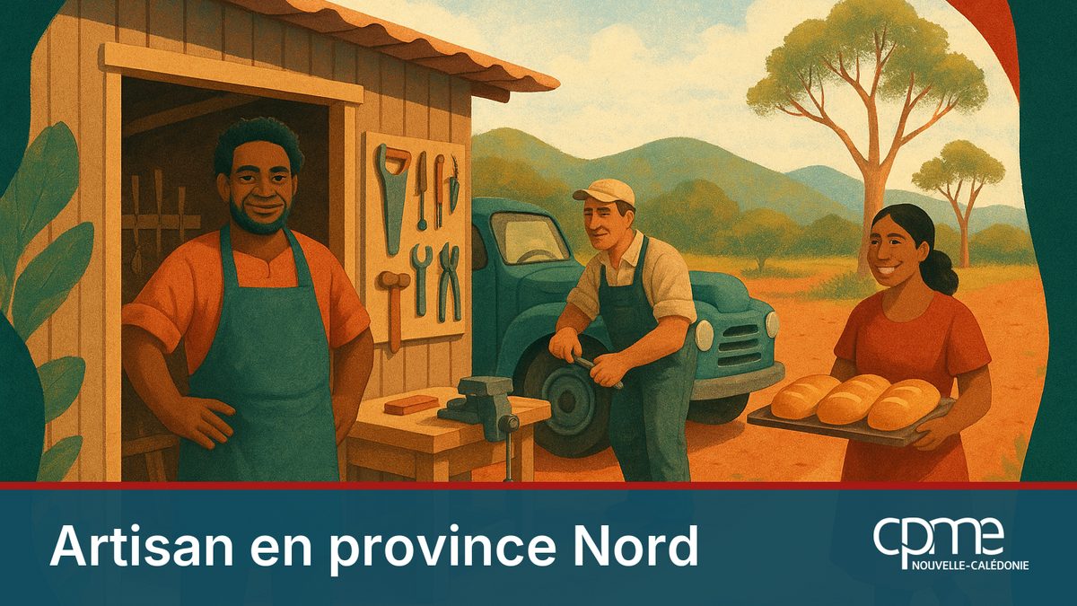 Illustration chaleureuse d'un atelier d'artisan en brousse de la province Nord, avec un artisan kanak, un mécanicien et un boulanger au cœur d'un village néo-calédonien.
