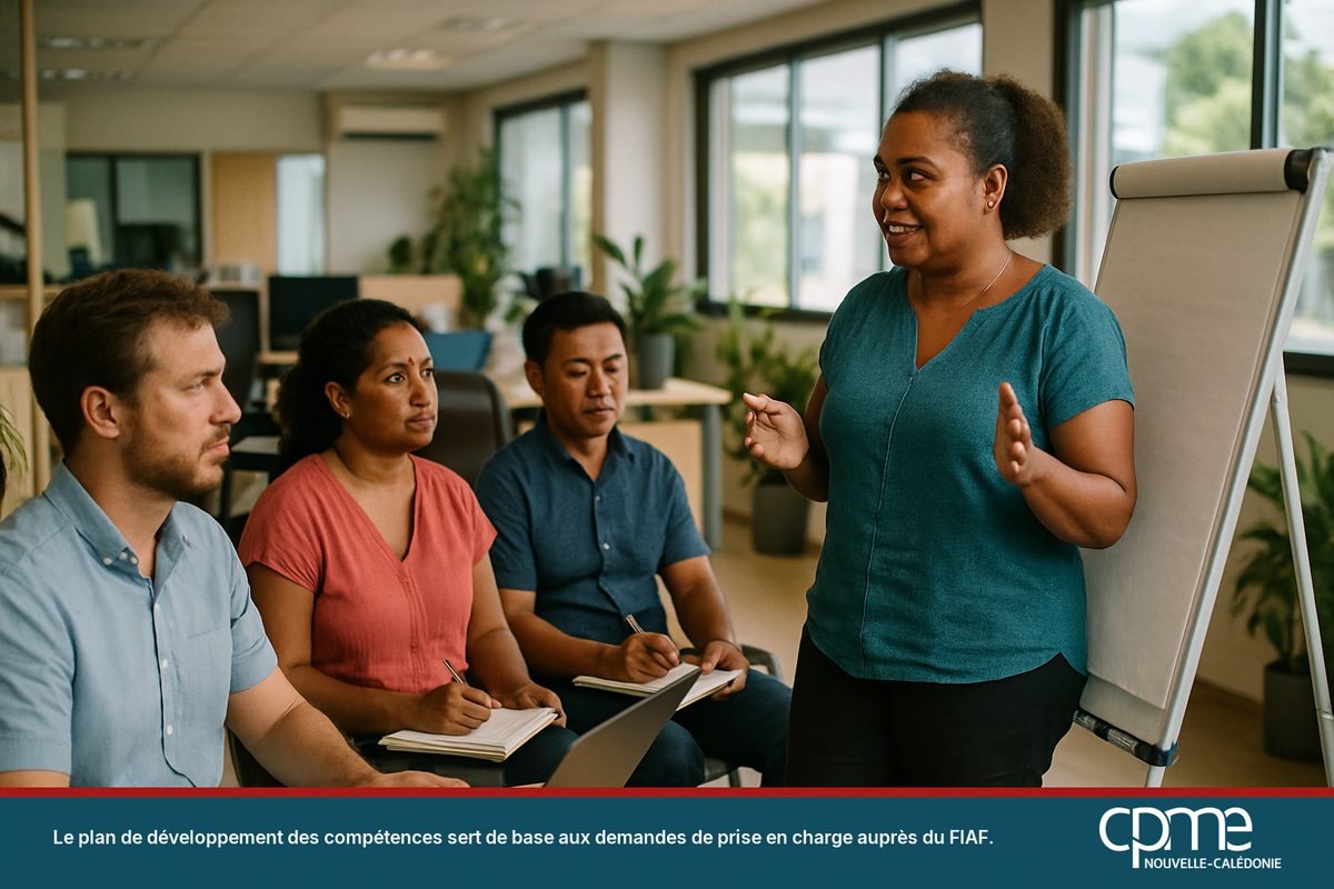 Séance de formation interne en entreprise dans un bureau de Nouméa, une formatrice anime devant des salariés