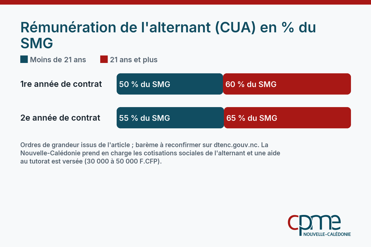 Infographie comparant la rémunération de l'alternant en pourcentage du SMG selon l'âge et l'année de contrat