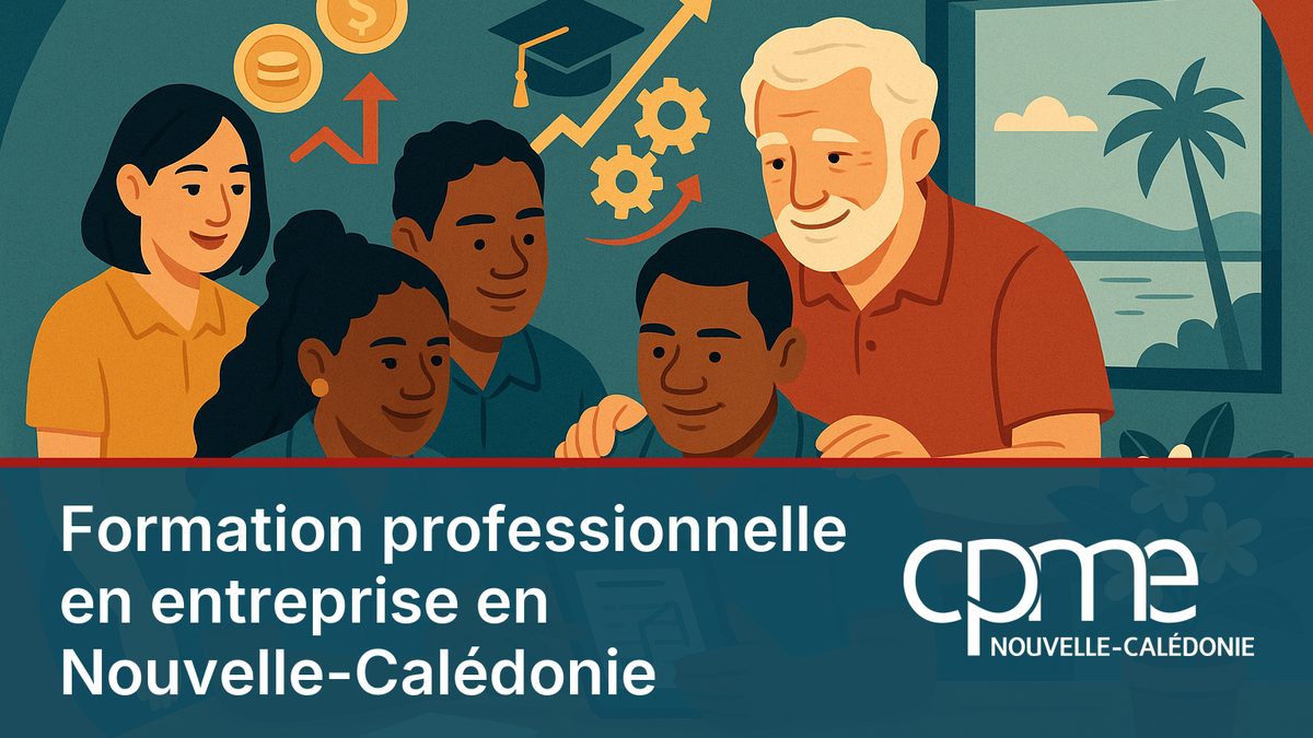 Illustration d'un tuteur et d'un alternant en formation dans une petite entreprise calédonienne, financement de la formation symbolisé