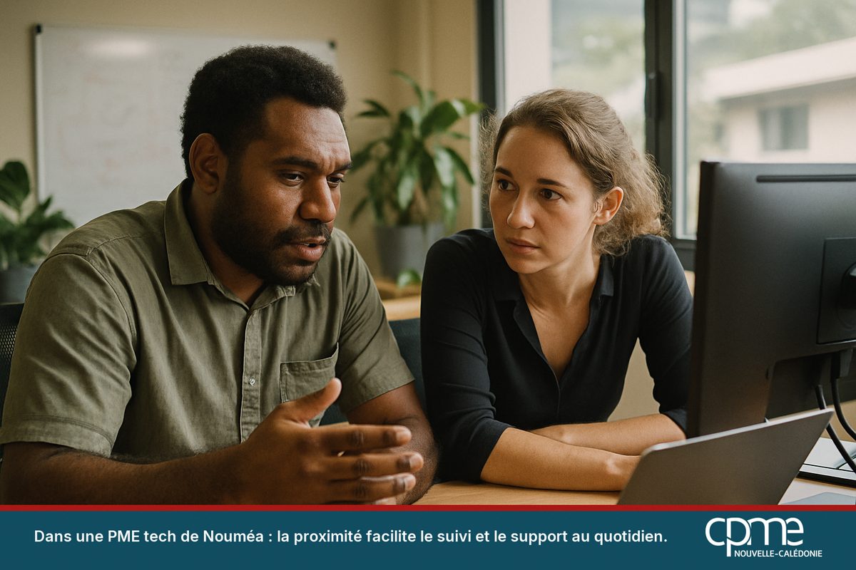 Deux professionnels d'une PME tech nouméenne travaillant ensemble devant un ordinateur dans leur bureau