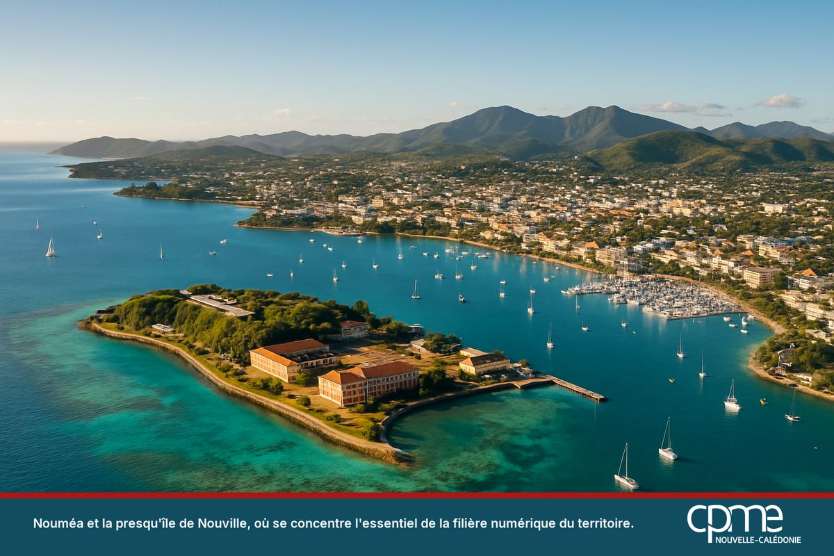 Vue aérienne de Nouméa, de la presqu'île de Nouville et du lagon, cœur de l'économie numérique calédonienne