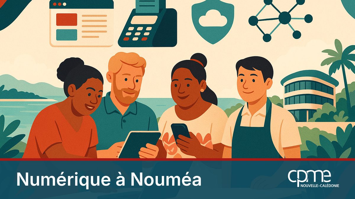 Illustration de chefs d'entreprise calédoniens collaborant autour d'outils numériques devant le lagon de Nouméa