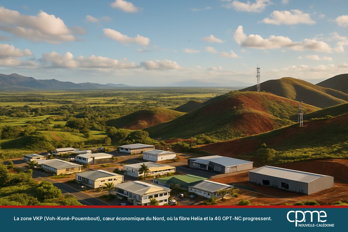 Vue large de la zone d'activité VKP autour de Koné en province Nord, avec une antenne télécom sur les hauteurs et le lagon à l'horizon