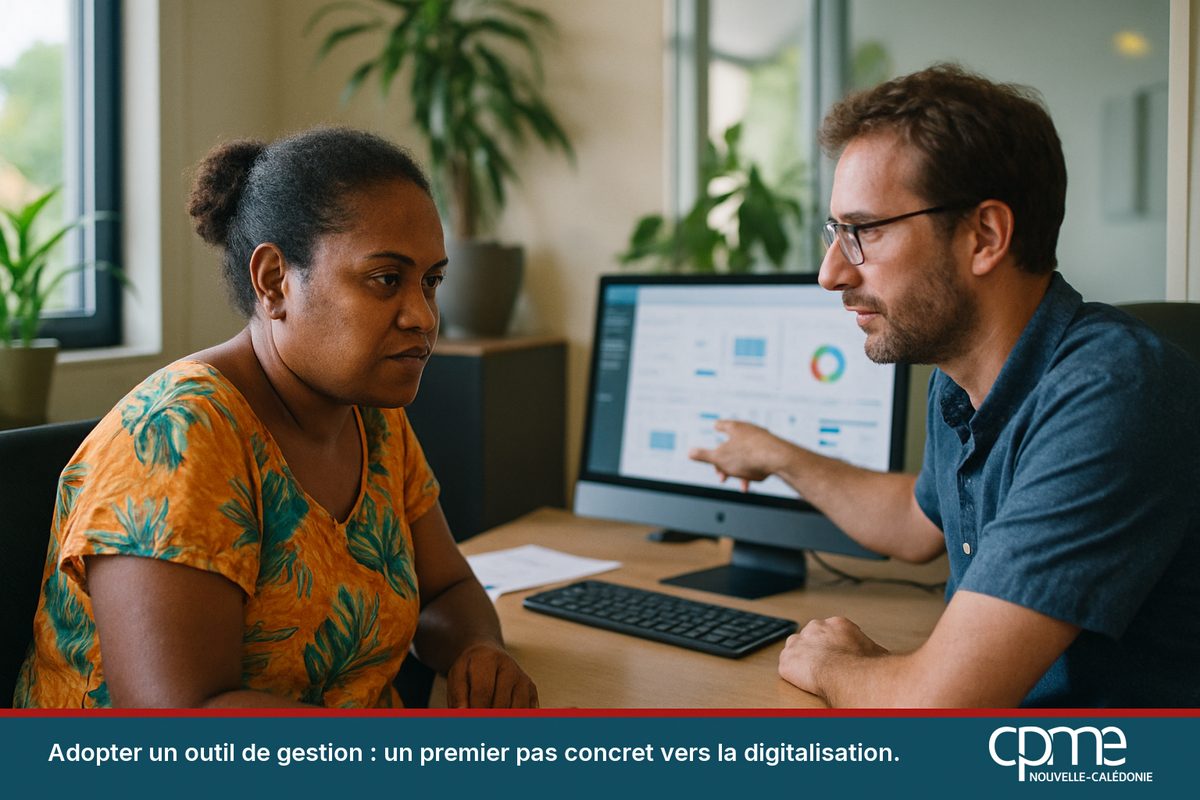 Deux collègues d'une petite entreprise calédonienne examinant un logiciel de gestion sur un écran dans un bureau lumineux de Nouméa