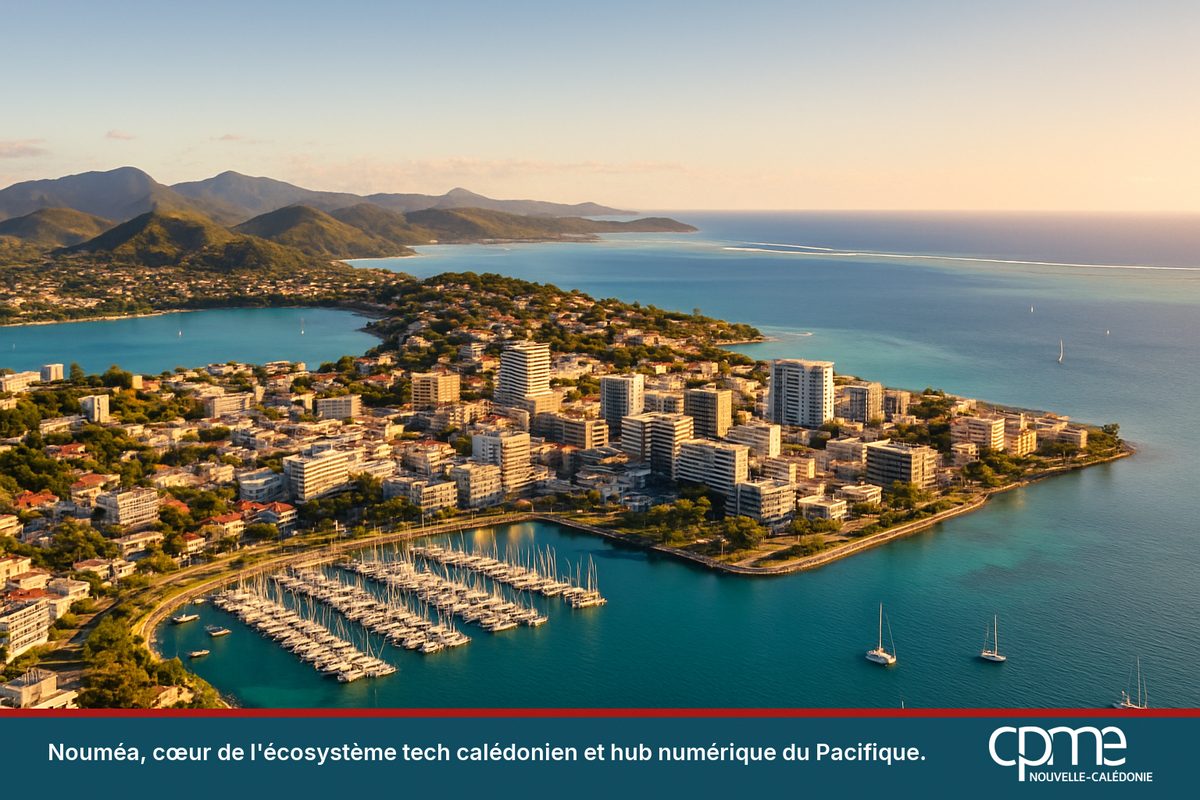 Vue aérienne de Nouméa au coucher du soleil, son centre d'affaires le long de la baie et le lagon turquoise à l'horizon