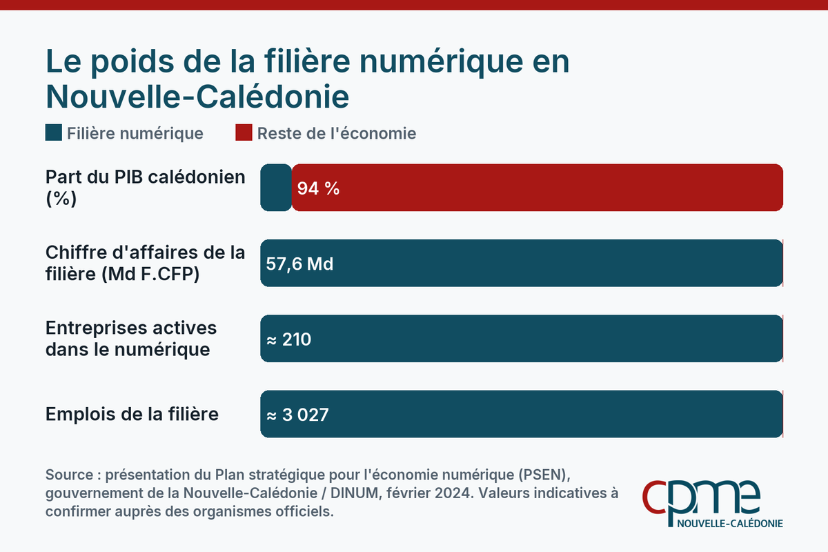 Infographie comparant le poids de la filière numérique calédonienne au reste de l'économie : environ 6 % du PIB, 210 entreprises et 3 027 emplois