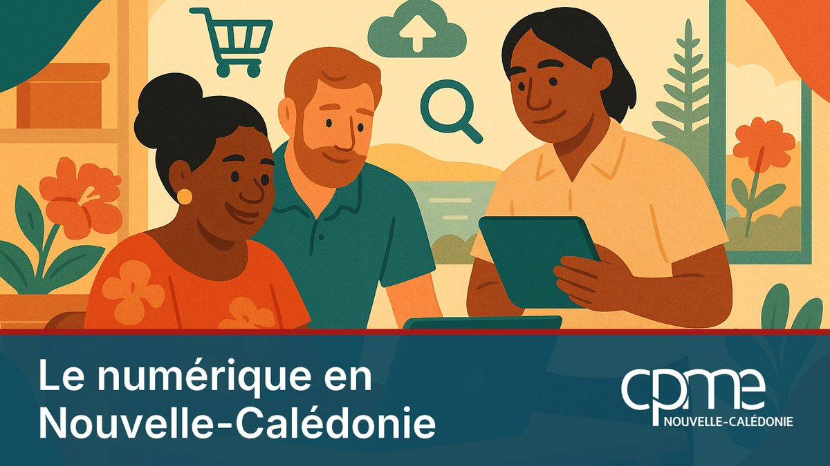 Illustration de petits entrepreneurs calédoniens diversifiés se digitalisant ensemble autour d'un ordinateur portable, avec le lagon de Nouméa en arrière-plan